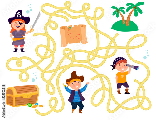 Pirate maze for kids. Treasure hunt preschool activity. Help the pirate get to the treasures
