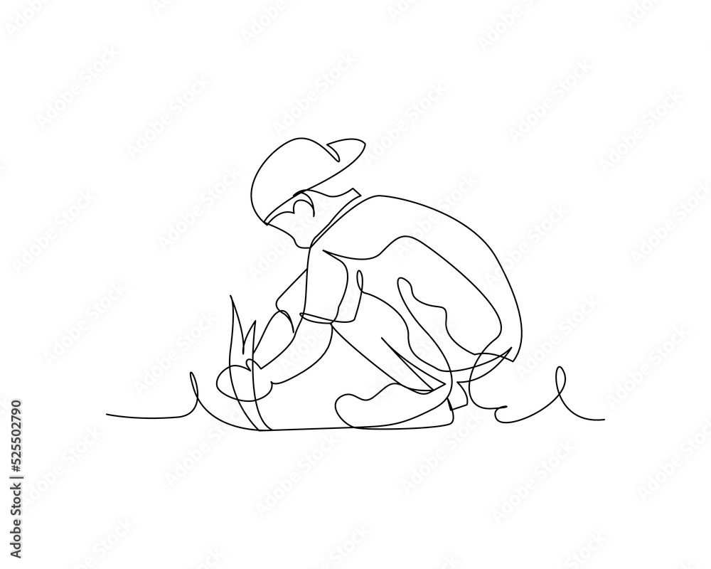 One continuous line of a boy taking care of plants. Vector illustration of minimalist style on a white background. One continuous line of a boy taking care of plants. Vector illustration of minimalist style on a white background.