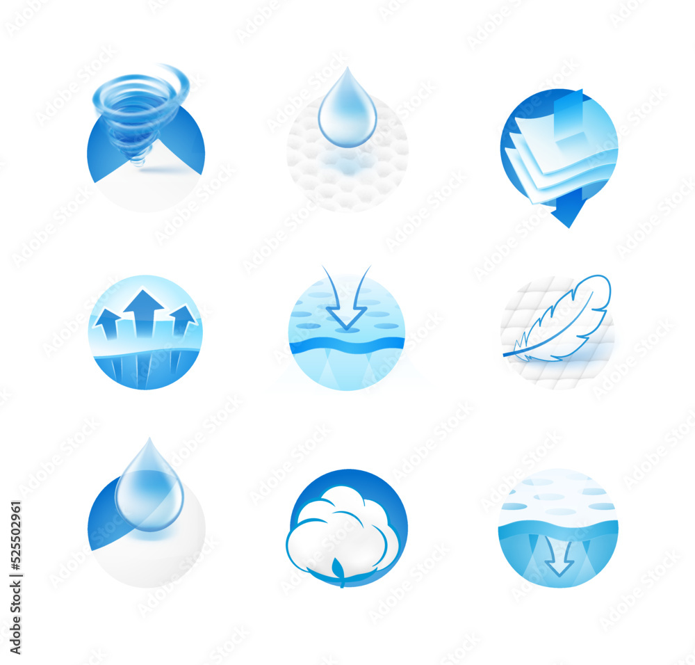 A set of icons for the absorbent material. Perfect for feminine pads, baby diapers, tissues, etc. EPS10.	 - obrazy, fototapety, plakaty 