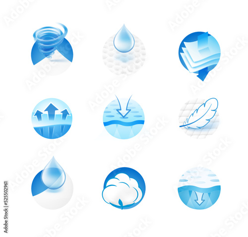 A set of icons for the absorbent material. Perfect for feminine pads, baby diapers, tissues, etc. EPS10.	 photo