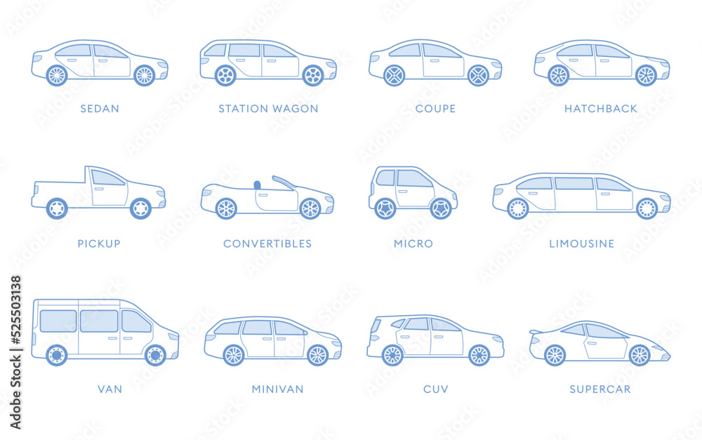 Types of cars icons collection. Different cars set of vector illustration