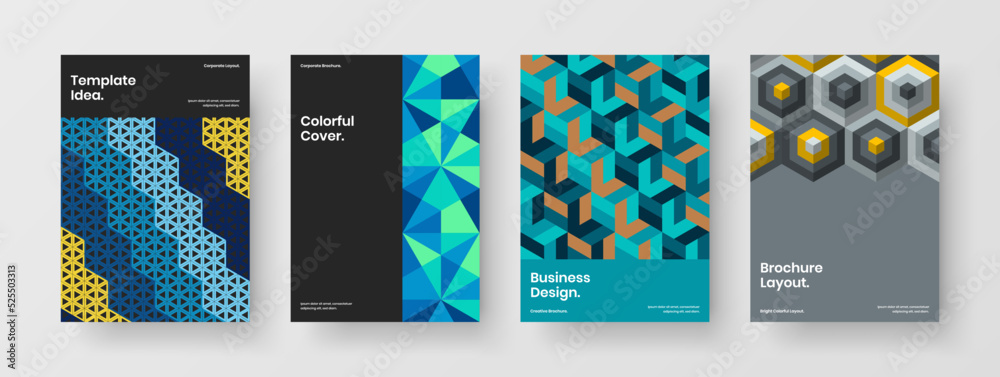 Premium geometric hexagons pamphlet layout set. Bright corporate identity vector design template collection.