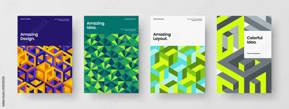 Fototapeta premium Vivid mosaic pattern presentation concept bundle. Isolated corporate brochure design vector template collection.