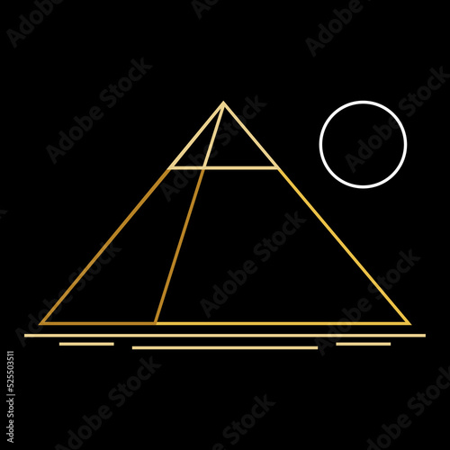 Egypt ancient pyramids of giza are egyptian pharaoh tomb with sun on black background outline vector icon design.