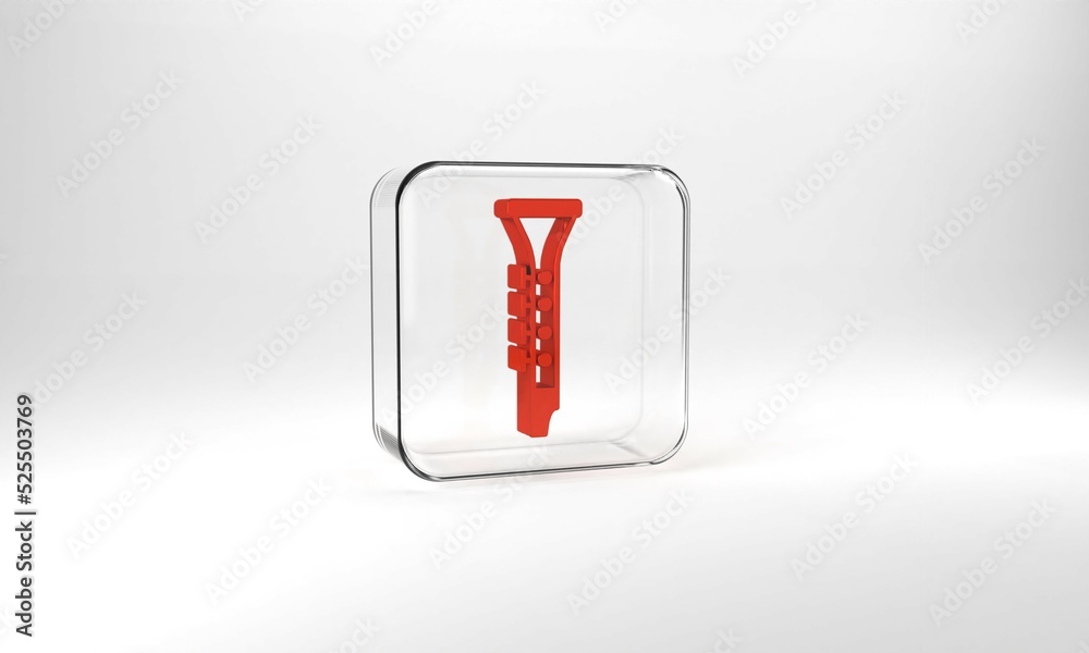 Red Clarinet icon isolated on grey background. Musical instrument. Glass square button. 3d illustration 3D render Red Clarinet icon isolated on grey background. Musical instrument. Glass square button. 3d illustration 3D render