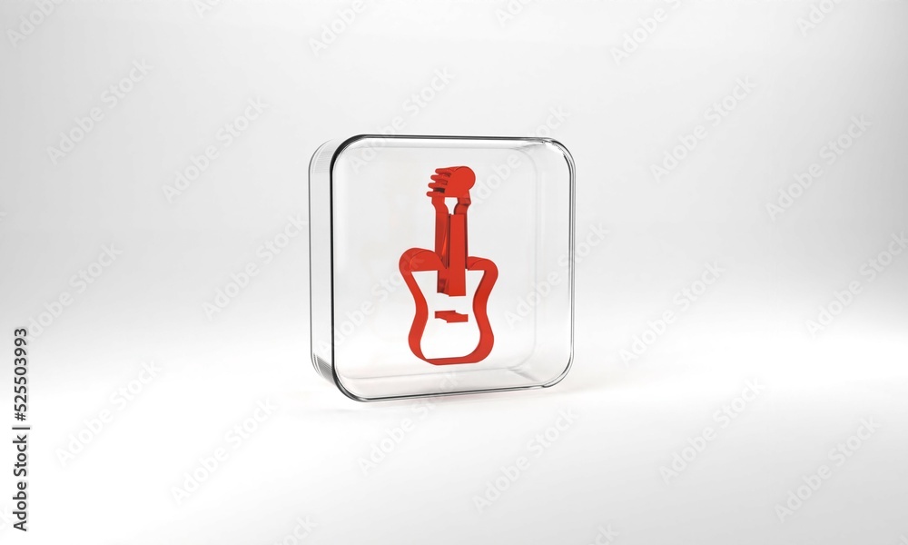 Red Electric bass guitar icon isolated on grey background. Glass square button. 3d illustration 3D render Red Electric bass guitar icon isolated on grey background. Glass square button. 3d illustration 3D render