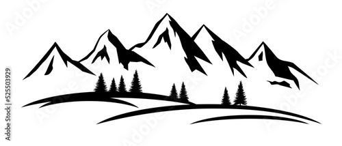 Landscape graphic with mountains and trees.