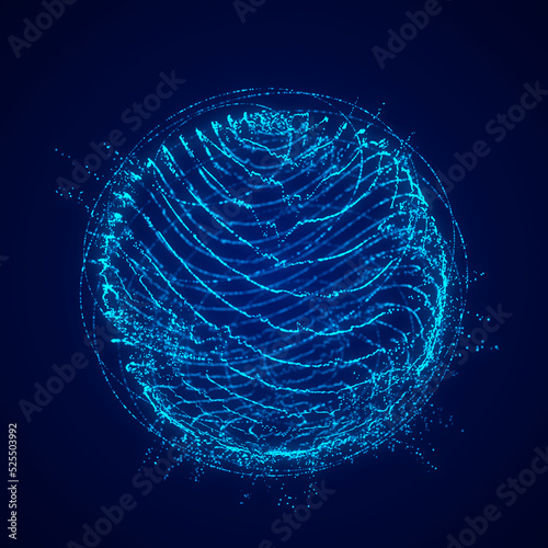Sphere of particles in cyberspace. Impulse dynamic flow of global energy energy. Futuristic technology style. 3D rendering.