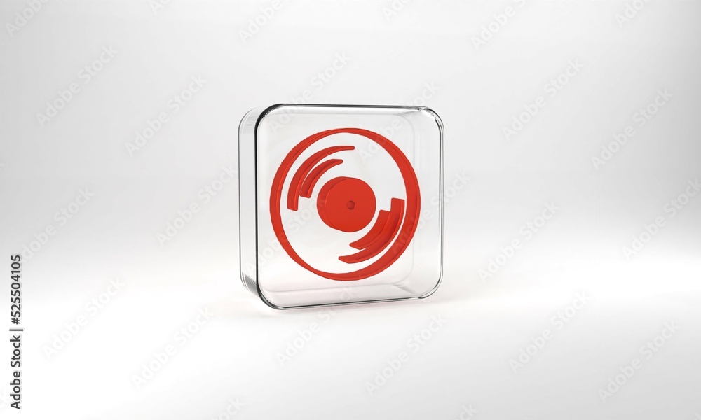 Red Vinyl disk icon isolated on grey background. Glass square button. 3d illustration 3D render Red Vinyl disk icon isolated on grey background. Glass square button. 3d illustration 3D render