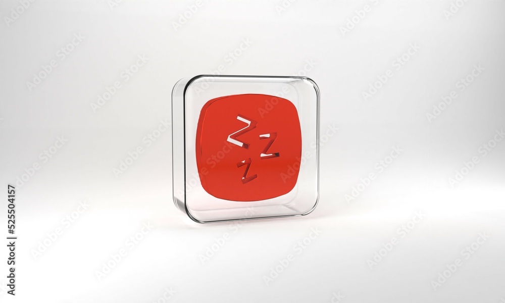 Red Sleepy icon isolated on grey background. Sleepy zzz talk bubble. Glass square button. 3d illustration 3D render