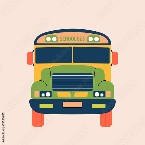 Abstract school bus in flat line style. Cartoon minimalist fashion illustration for sticker, icon, print. Fare, travel, transporting schoolchildren, way, stop, transport, on an isolated background.