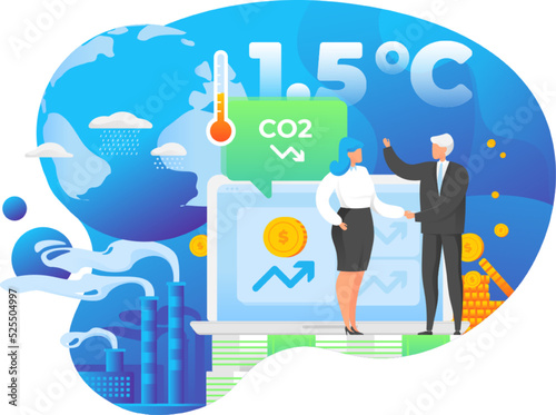 Business commitment to reduce carbon emission and limit global warming to 1.5 degree celsius. Green economy and environment, vector illustration. Businessman invest money to sustainable business