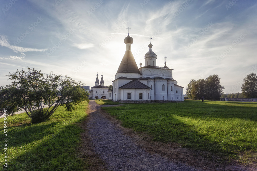 View of the UNESCO monument Ferapontov Monastery.  Beautiful summer sunny look of ancient orthodox monastery on hill in Vologodskaya oblast in Russian Federation