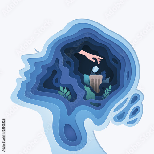 Paper cut layered human head with throwing garbage in trash bin, Business or mind psychology concept