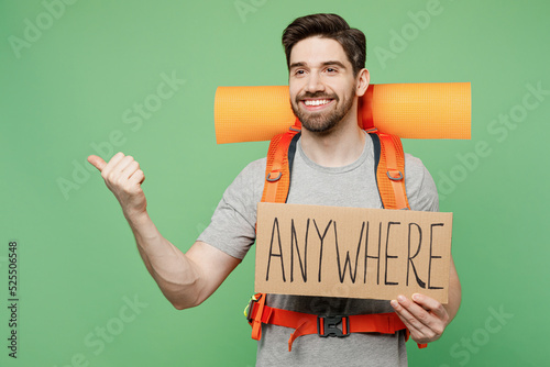 Slika na platnu Young traveler man carry backpack stuff mat card sign anywhere do hitch-hiking g