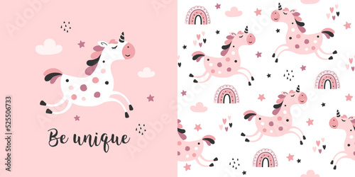 Seamless childish pattern with unicorn and rainbow  in pink sky. Cute vector texture for kids bedding, fabric, wallpaper, wrapping paper, textile, t-shirt print