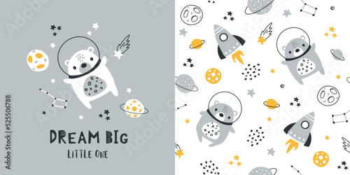 Seamless pattern with cute bear in space, vector background. Perfect for fabric, childish textile, kids bedding, wallpaper, sleepwear. Scandinavian style.