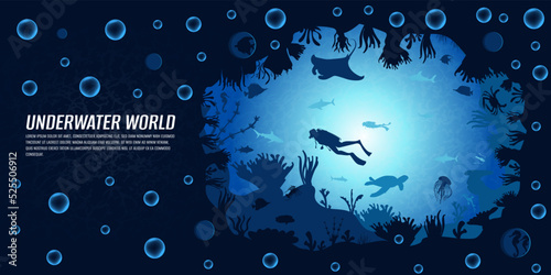 Save the oceans illustration. Sea depths with silhouettes of fish, sharks, turtles, coral reefs and sea plants. Side and top view. Seascape with its inhabitants. Design for web sites, banners.