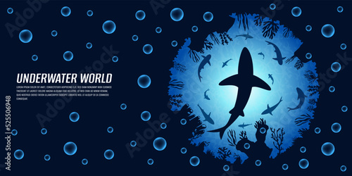 Save the oceans illustration. Sea depths with silhouettes of fish, sharks, turtles, coral reefs and sea plants. Side and top view. Seascape with its inhabitants. Design for web sites, banners.