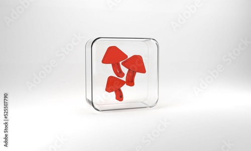 Red Mushroom icon isolated on grey background. Glass square button. 3d illustration 3D render