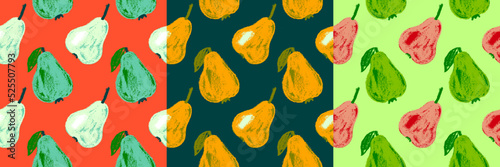 Multicolor pear background. Vector pears seamless pattern with fruit hand drawn pencil illustration for vegan banner, juice, baby food packaging, jam label design. Colour fruits backdrop. Green eating