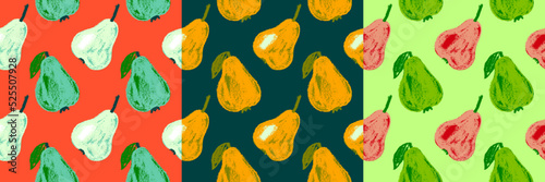 Multicolor pear background. Vector pears seamless pattern with fruit hand drawn pencil illustration for vegan banner, juice, baby food packaging, jam label design. Colour fruits backdrop. Green eating