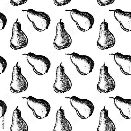 Vector pear background. Pears seamless pattern with hand drawn pencil fruit illustration for vegan banner design, juice, baby food packaging, jam label design. Vector fruits backdrop. Black and white.