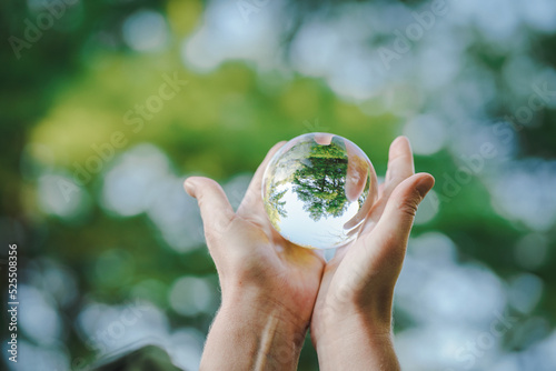 hands holding transparent glass ball or  crystal who reflects trees of a forest outside in green nature sphere symbolizing save the earth or planet
