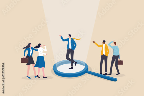 Chosen candidate, winning applicant to get new job, HR or human resources, hire outstanding candidate, employment and recruitment concept, outstanding businessman on magnifying glass among applicants. photo