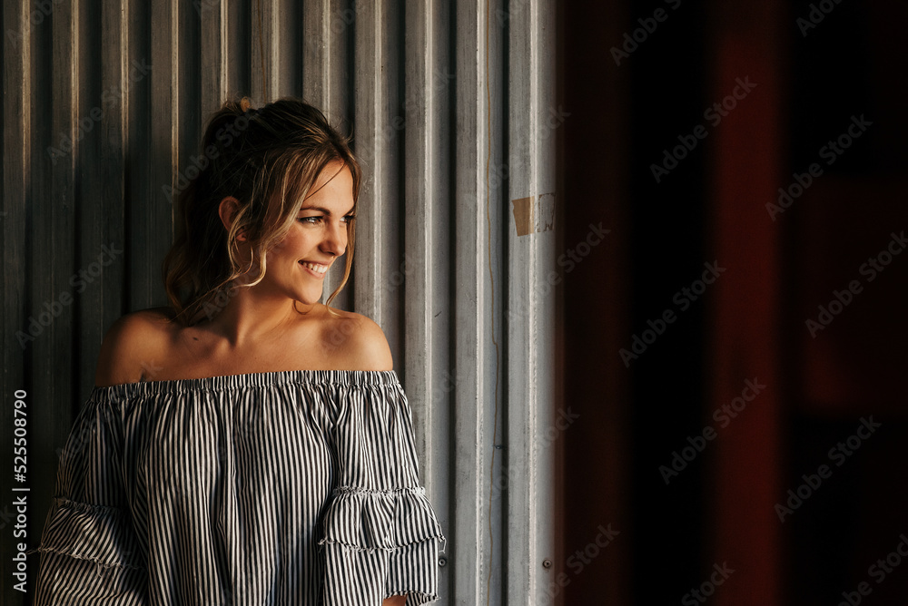 Beautiful lady in dress leaning on metal wall Beautiful lady in dress leaning on metal wall