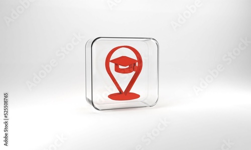 Red Online education and graduation icon isolated on grey background. Online teacher on monitor. Webinar and video seminar learning. Glass square button. 3d illustration 3D render