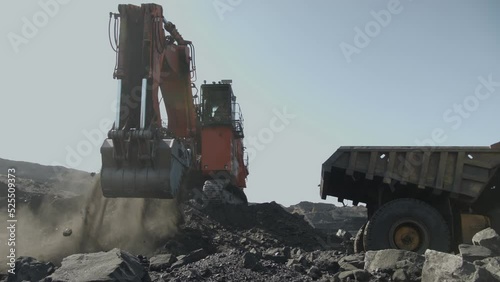 Work of excavator with Russian flag on coal deposit in Kemerovo. Mining industry in Russia