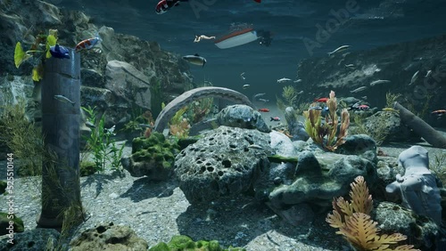 Drohne untere Wasser schwebt durch versunkene Ruine - 3D-Animation photo