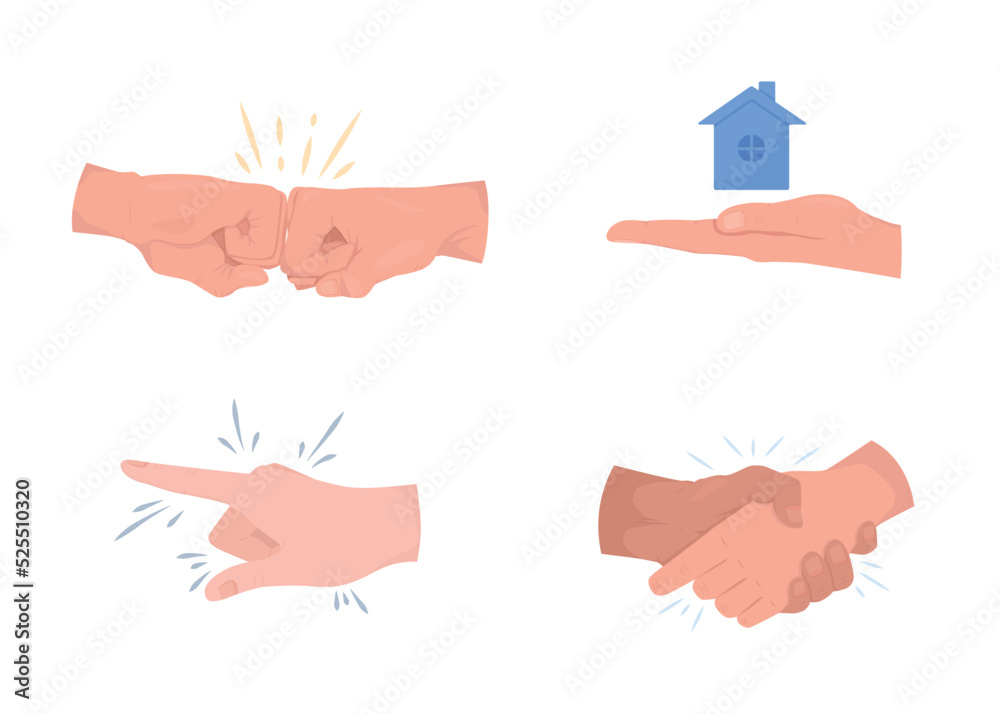 Naklejka premium Property purchaser interaction semi flat color vector hand gesture set. Editable pose. Human body part on white. Cartoon style illustration for web graphic design, animation, sticker pack collection
