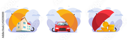 Insurance house property, car and money set vector icon or financial investment risk coverage, auto vehicle accident protection assurance and home safety security umbrella cover graphic modern design