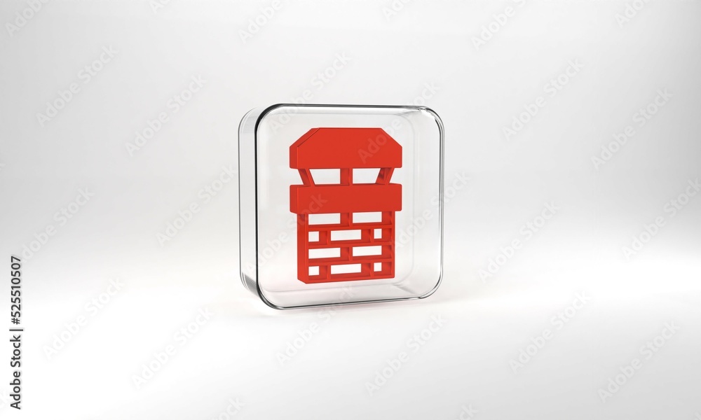 Red Chimney icon isolated on grey background. Glass square button. 3d illustration 3D render Red Chimney icon isolated on grey background. Glass square button. 3d illustration 3D render
