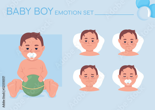 Sleepy baby boy semi flat color character emotions set. Editable facial expressions. Tired child vector style illustration for motion graphic design and animation. Quicksand font used