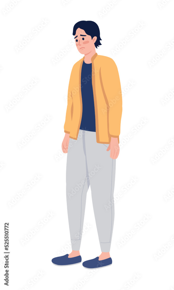 Depressed young man semi flat color vector character. Stress problem. Mental health. Editable figure. Full body person on white. Simple cartoon style illustration for web graphic design and animation