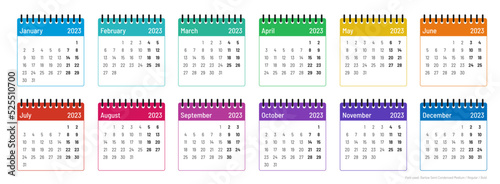 Calendar template 2023, Months, week starts on Monday, color outline