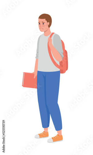 Upset student with backpack and textbook semi flat color vector character. Editable figure. Full body person on white. Education simple cartoon style illustration for web graphic design and animation