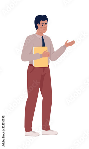 Businessman with folder pointing aside semi flat color vector character. Editable figure. Full body person on white. Manager simple cartoon style illustration for web graphic design and animation