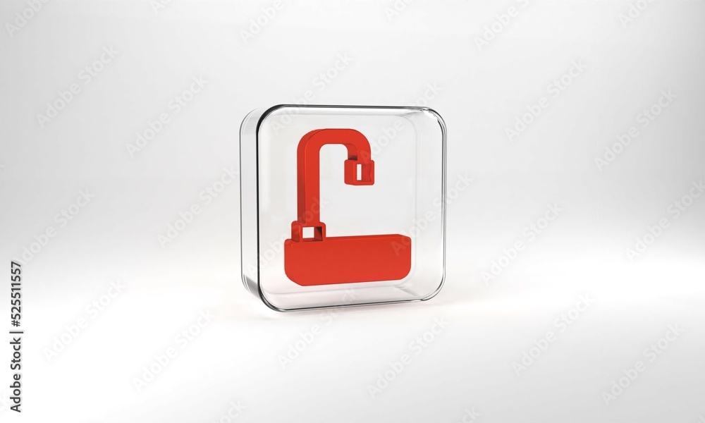 Red Washbasin with water tap icon isolated on grey background. Glass square button. 3d illustration 3D render Red Washbasin with water tap icon isolated on grey background. Glass square button. 3d illustration 3D render