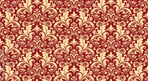 Floral pattern. Vintage wallpaper in the Baroque style. Seamless vector background. Gold and red ornament for fabric, wallpaper, packaging. Ornate Damask flower ornament