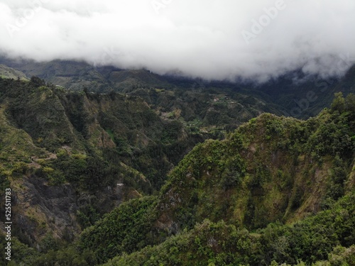 Aerial view of steep mountains with clouds, La Réunion 974 France