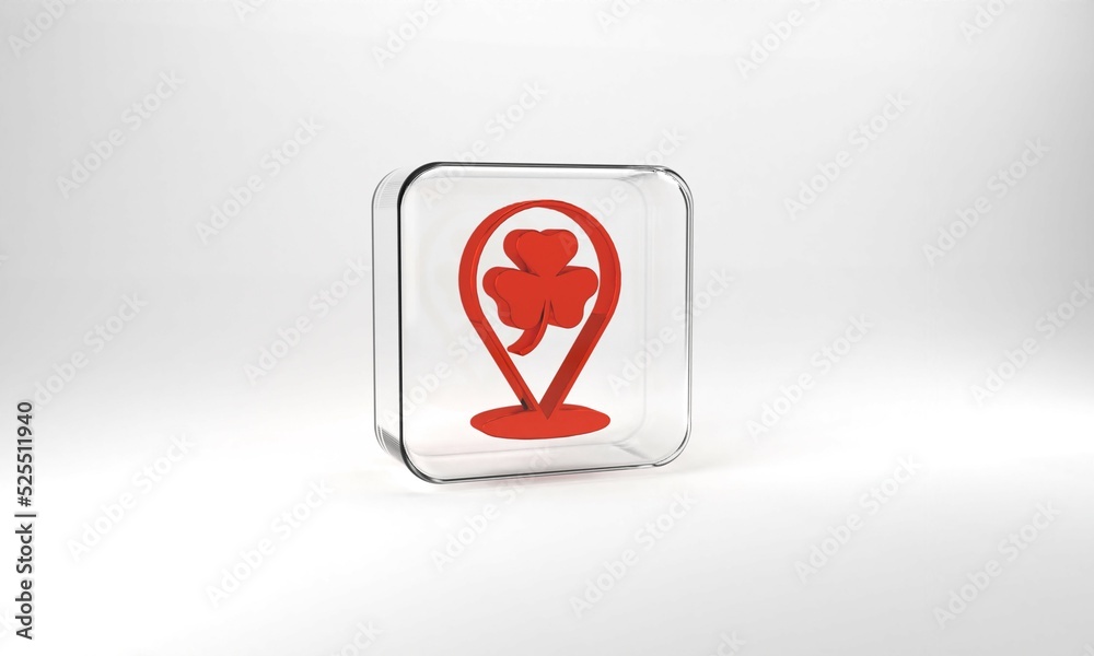 Red Clover trefoil leaf icon isolated on grey background. Happy Saint Patricks day. National Irish holiday. Glass square button. 3d illustration 3D render