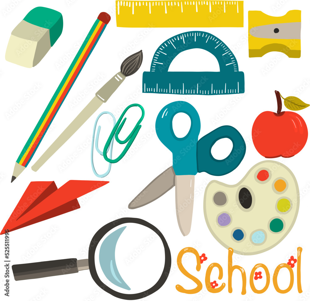 school september items pencil brush apple watecolor autumn study school supplies set  eraser scissors brush