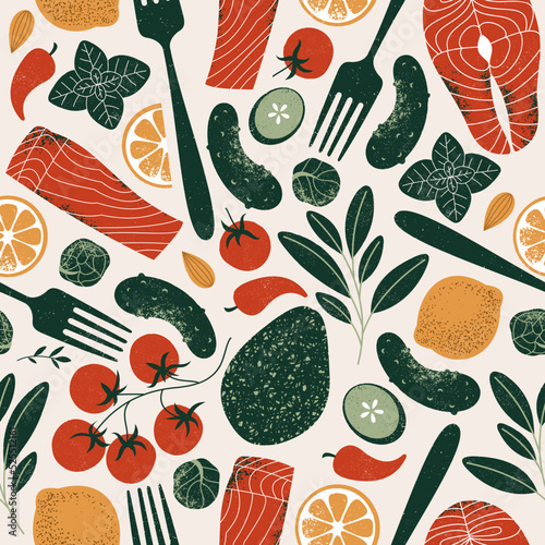 Healthy food seamless pattern. Keto food. Salmon with avocado and cucumbers. 