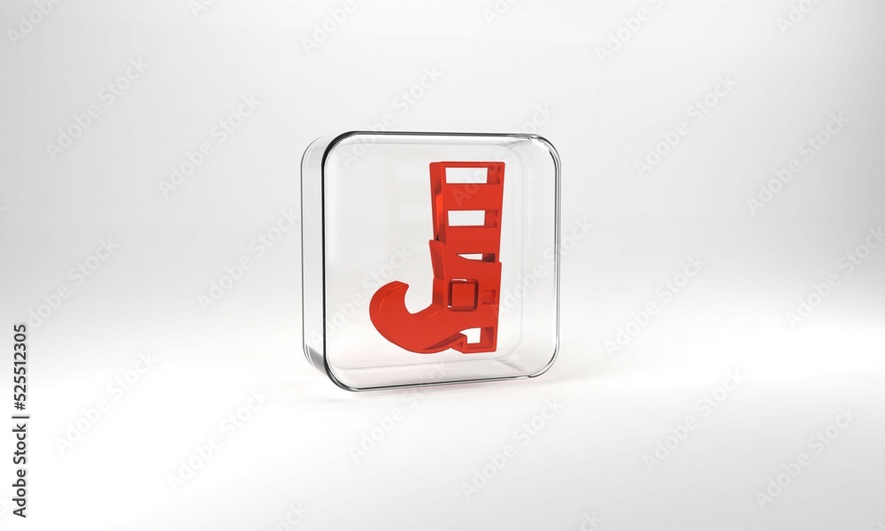 Red Leprechaun boot icon isolated on grey background. Happy Saint Patricks day. National Irish holiday. Glass square button. 3d illustration 3D render
