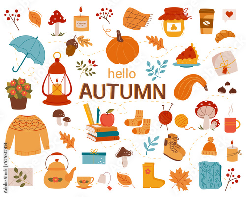Hello Autumn. Set with pumpkin, fruit, cute wellies boots, books and autumn leaves. Collection of elements for autumn coziness. Vector illustration
