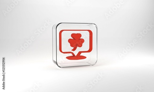 Red Clover trefoil leaf icon isolated on grey background. Happy Saint Patricks day. National Irish holiday. Glass square button. 3d illustration 3D render